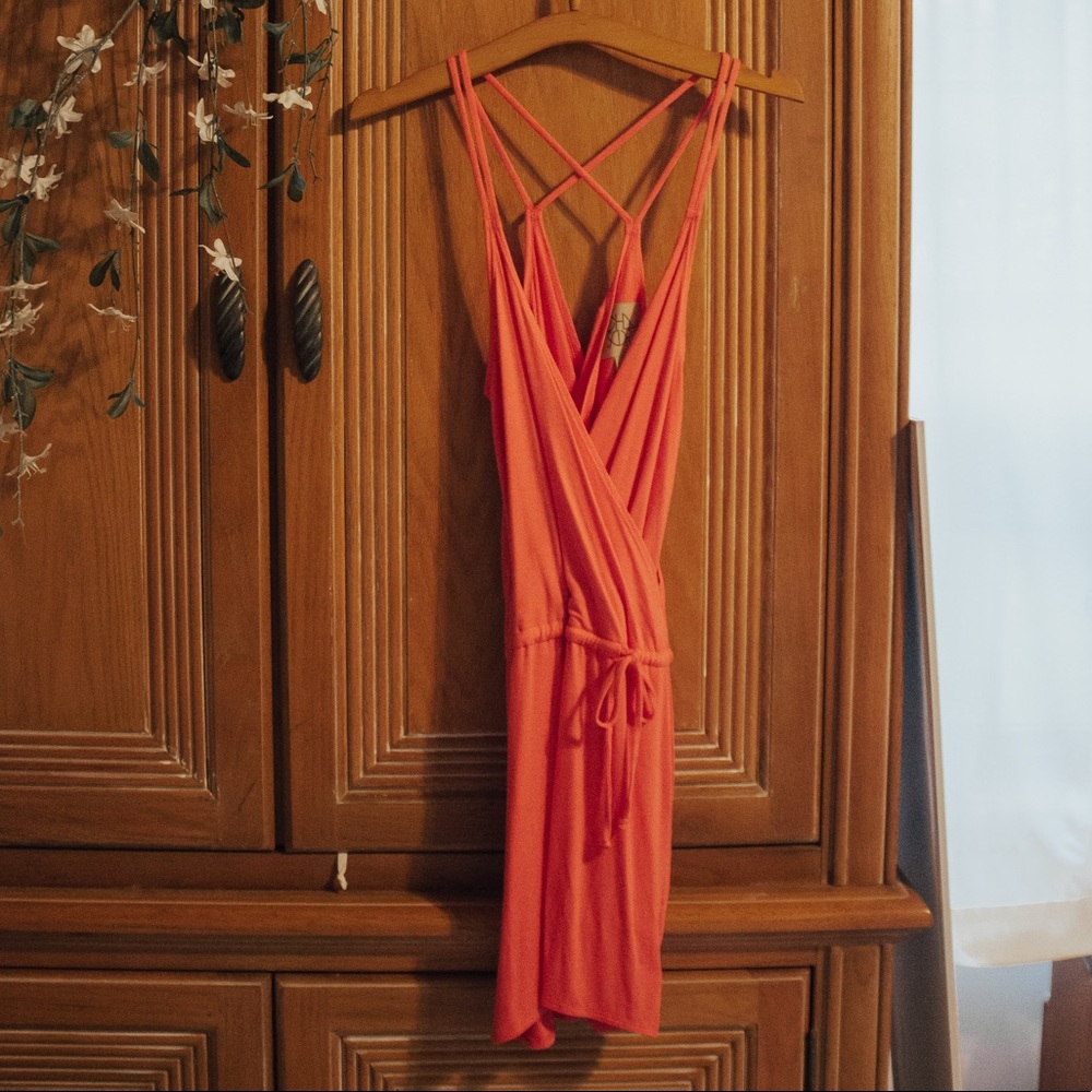 Strappy Cross Back Surplice Mini Dress in Coral